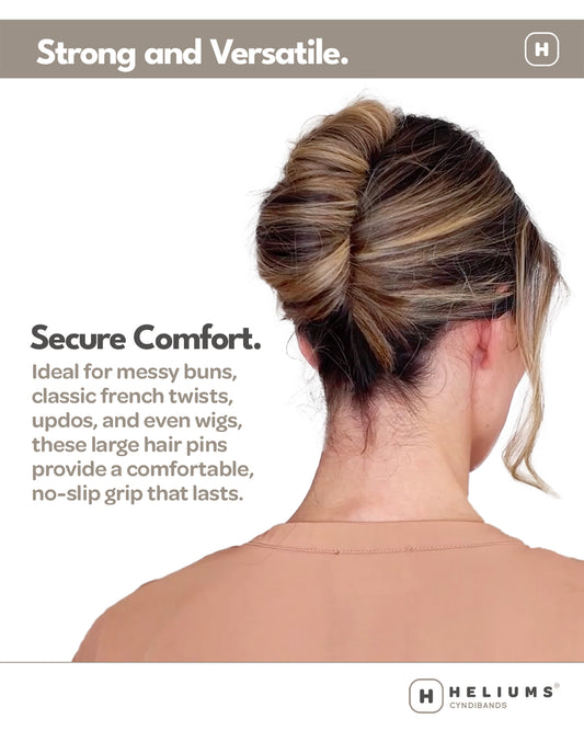Heliums French Pins for Updos informational graphic showing the back view of a woman with a messy bun hairstyle, demonstrating the use of large hair pins. The graphic includes descriptive text on the left and the Heliums brand logo at the bottom right.