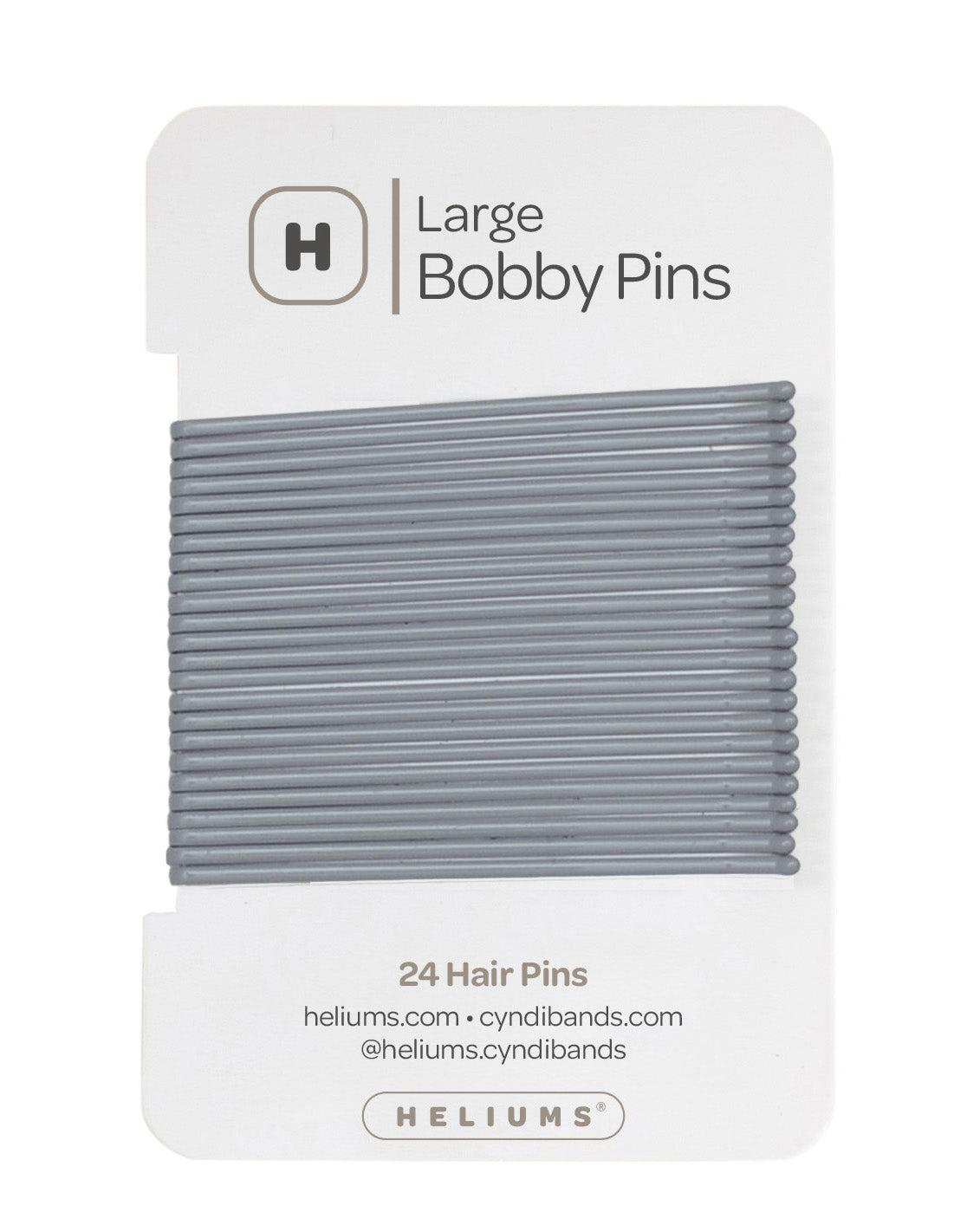 Heliums 24 Bobby Pins in a gray color, packaged on a white backing card with the Heliums logo.