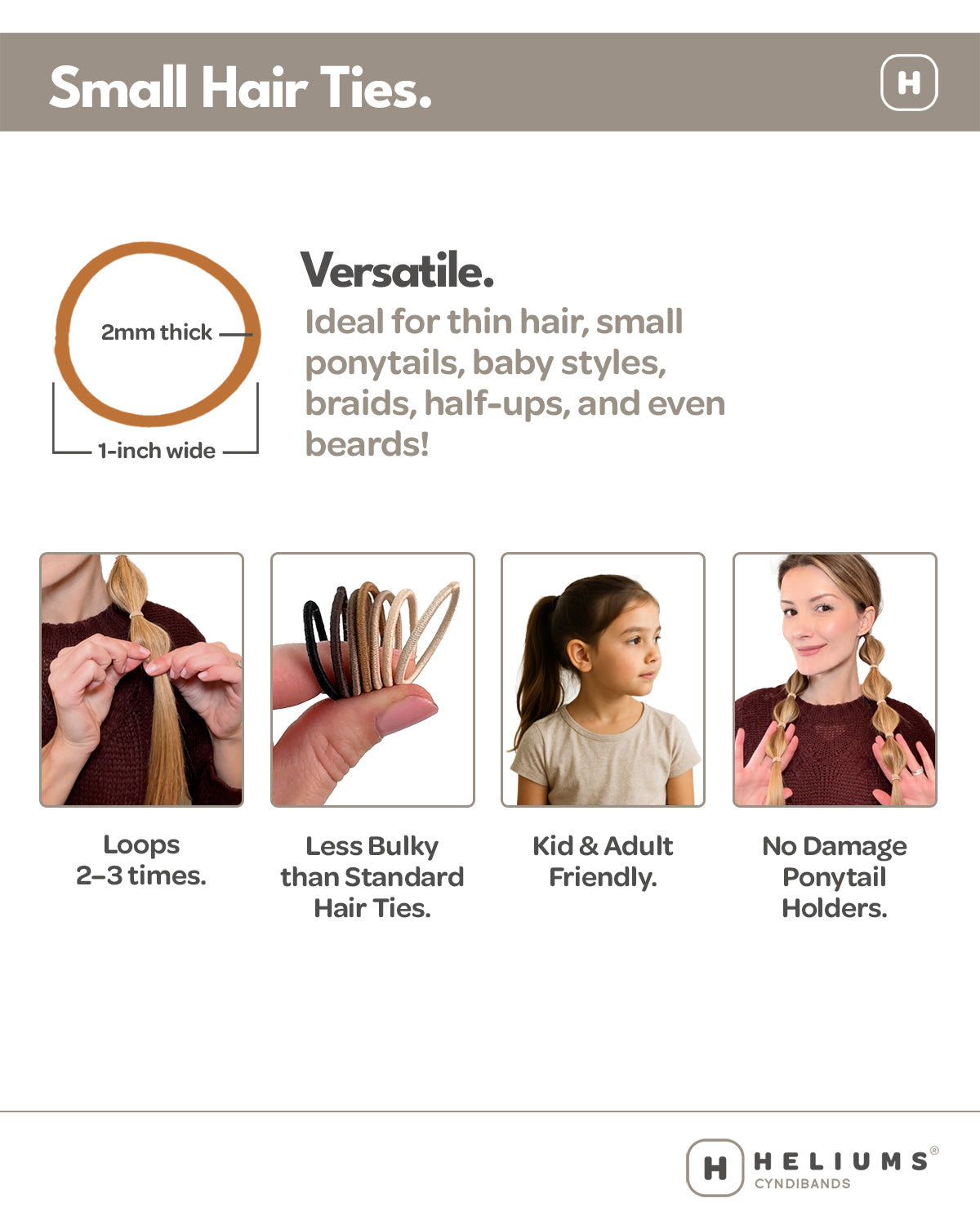Heliums Small Hair Ties - 2mm Mini Elastics (48-Pack)