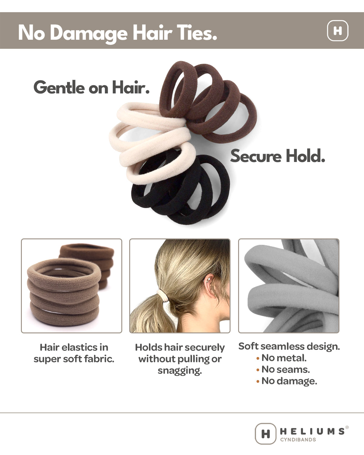 HELIUMS Cyndibands No Damage Hair Ties infographic showing neutral elastic bands, ponytail styling, and seamless fabric details.