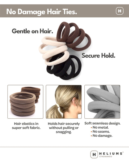 HELIUMS Cyndibands No Damage Hair Ties infographic showing neutral elastic bands, ponytail styling, and seamless fabric details.