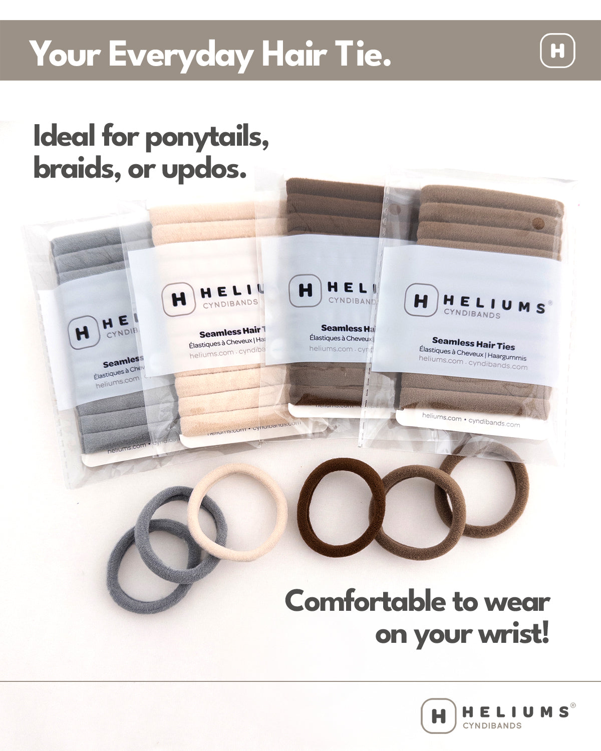 "HELIUMS Cyndibands everyday hair tie packages and loose neutral elastics, ideal for ponytails, braids, and wrist wear.