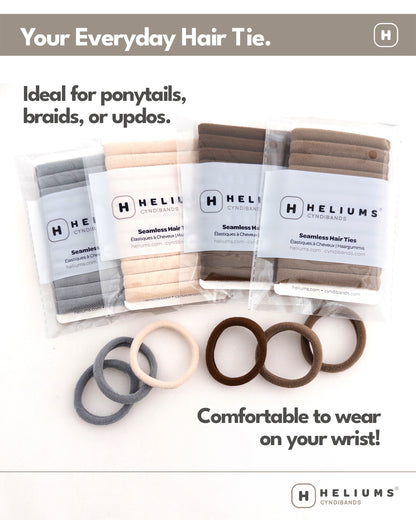 "HELIUMS Cyndibands everyday hair tie packages and loose neutral elastics, ideal for ponytails, braids, and wrist wear.
