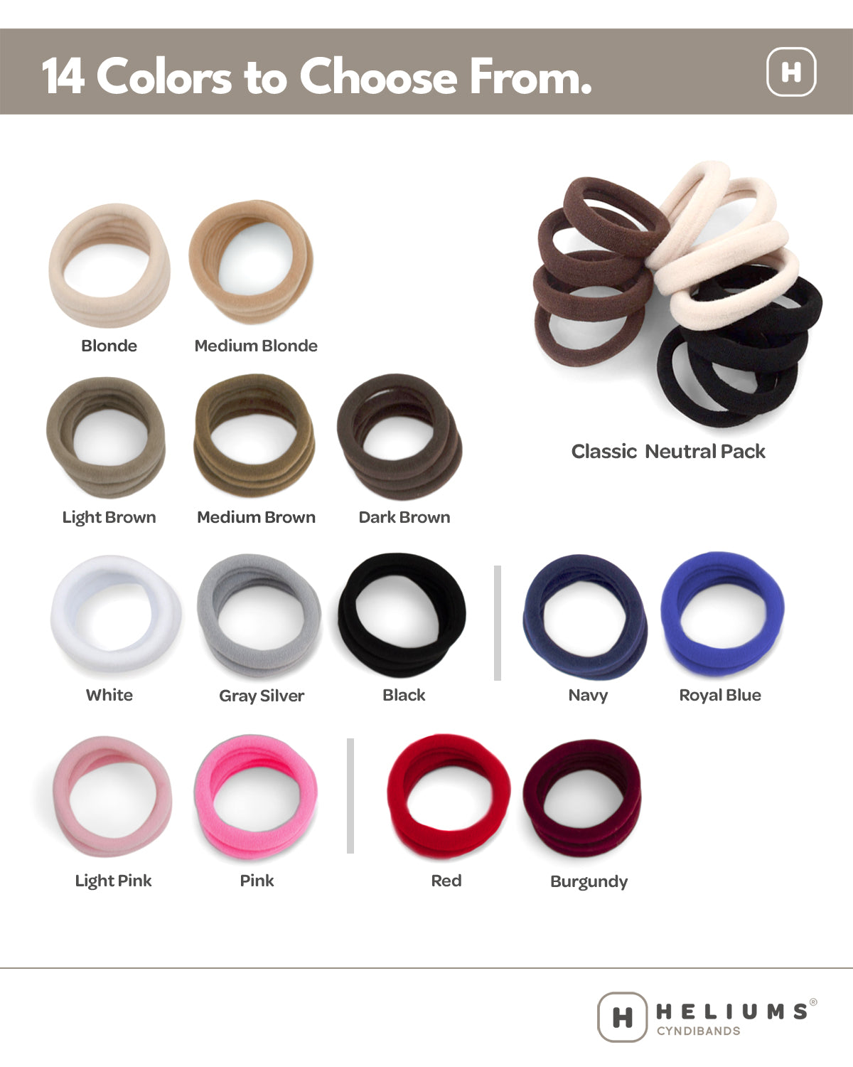 HELIUMS Cyndibands color chart displaying 14 seamless hair tie shades and the Classic Neutral pack.