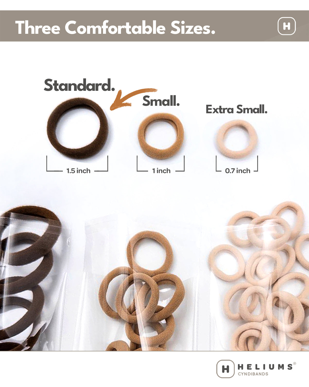 Size guide comparing Standard (1.5"), Small (1"), and Extra Small (0.7") HELIUMS Cyndibands hair ties.