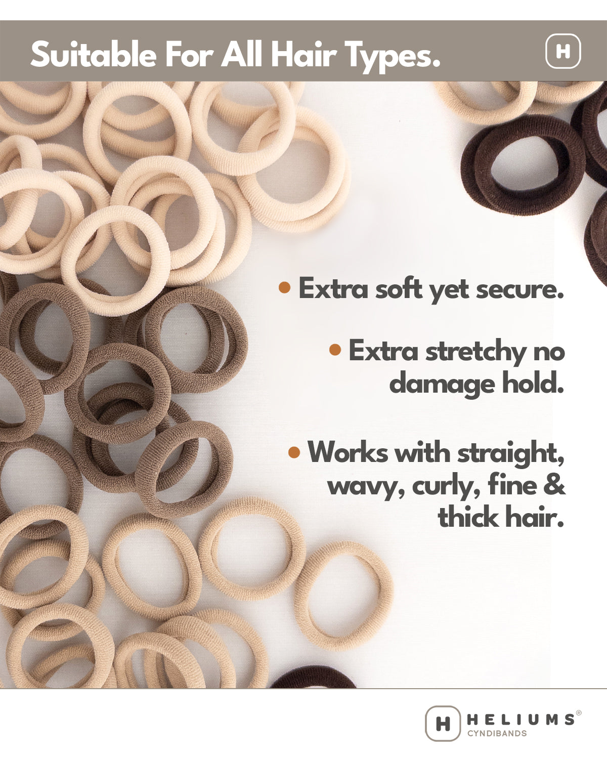 Hair ties in various neutral colors with text highlighting features on a white background