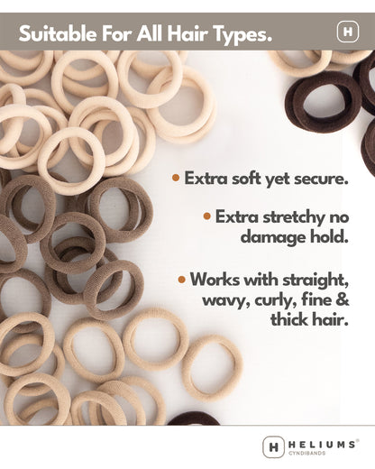 Hair ties in various neutral colors with text highlighting features on a white background