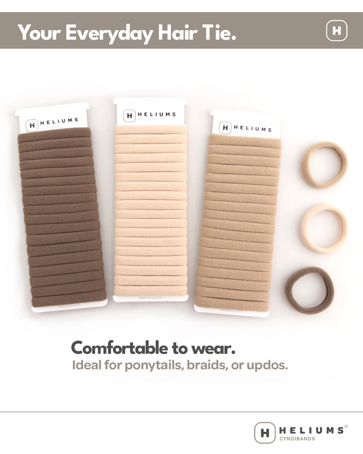 Packs of hair ties in light brown, light blond and sandy blonde colors with Heliums branding on a white background.