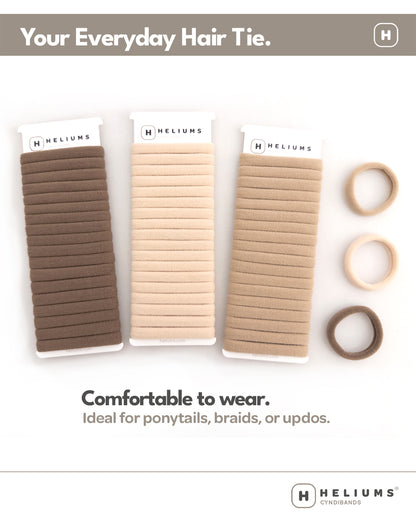 Packs of hair ties in light brown, light blond and sandy blonde colors with Heliums branding on a white background.