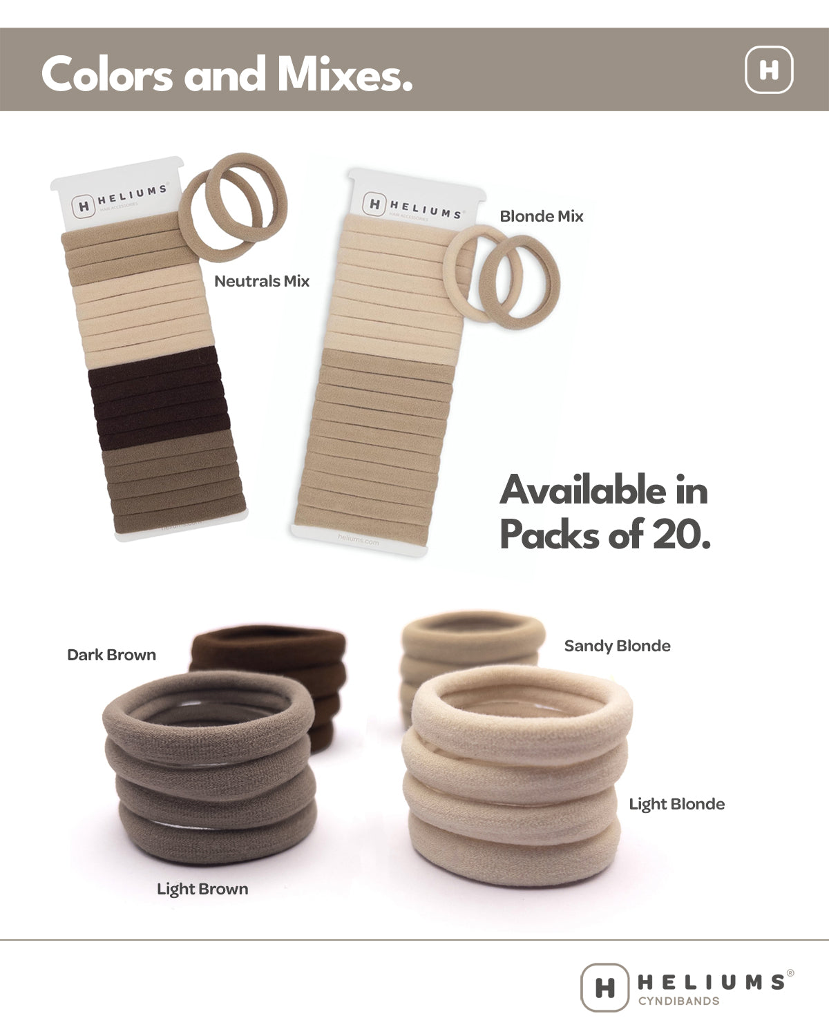 Packs of hair ties in various colors with color swatches and packaging displayed.