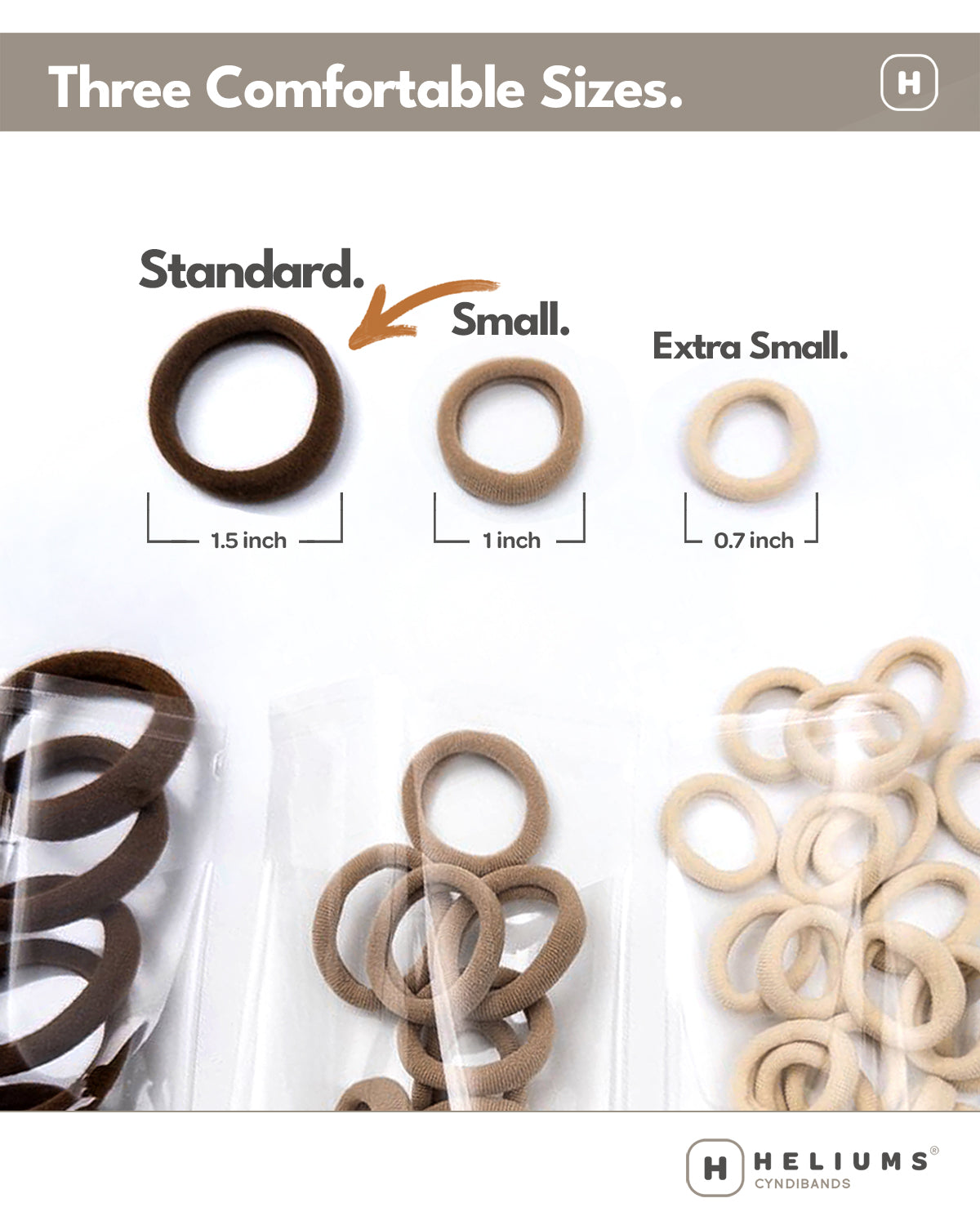 Three sizes of seamless hair ties labeled 'Standard', 'Small', and 'Extra Small' with measurements and arrow pointing to Standard hair tie.