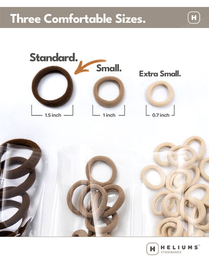 Three sizes of seamless hair ties labeled 'Standard', 'Small', and 'Extra Small' with measurements and arrow pointing to Standard hair tie.