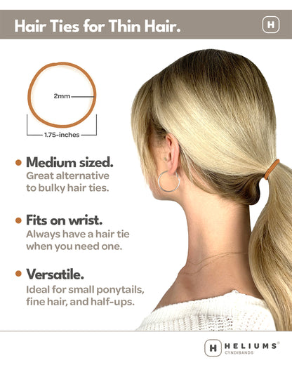 Infographic for Heliums Hair Ties, showing a woman with a ponytail secured with a hair tie. The left side includes a circular size diagram labeled 2mm / 175 inches.
