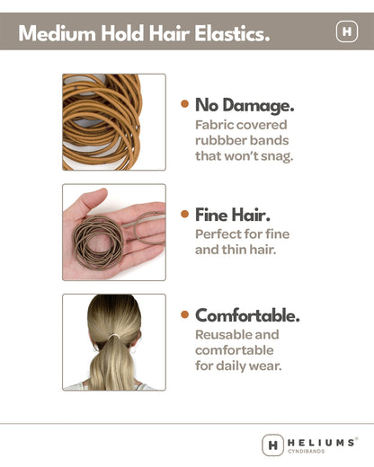 Graphic for Heliums Thin Hair Elastics. The image features three panels: one showing a coil of tan fabric-covered rubber bands, one showing a hand holding a coil of tan bands suitable for fine hair, and one showing a blonde woman's ponytail secured with a tan band.