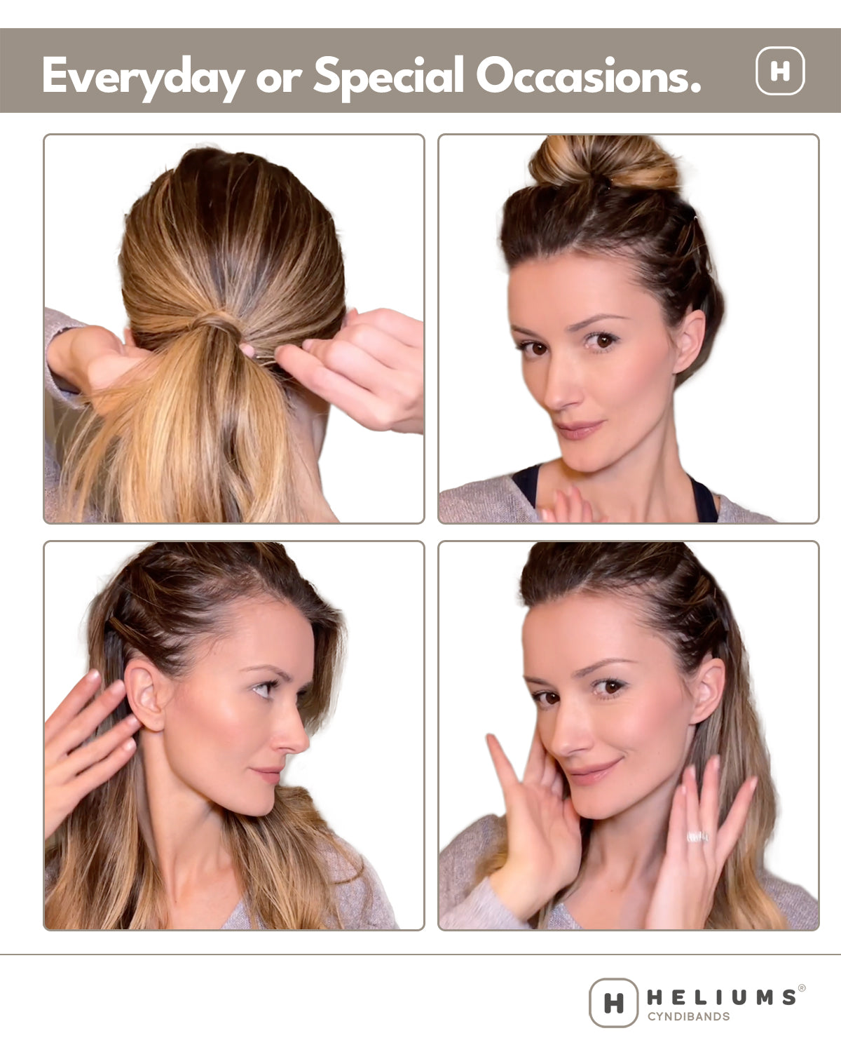 A four-panel instructional graphic showing a woman demonstrating how to wear a small hair pin. The panels show the hair pin secured in different hairstyles, with the text 'Everyday or Special Occasions.