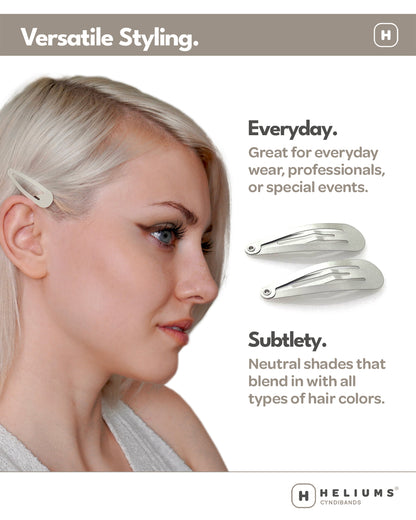 Woman with blonde hair wearing a hair clip, with text about versatility and subtlety, and Heliums branding.