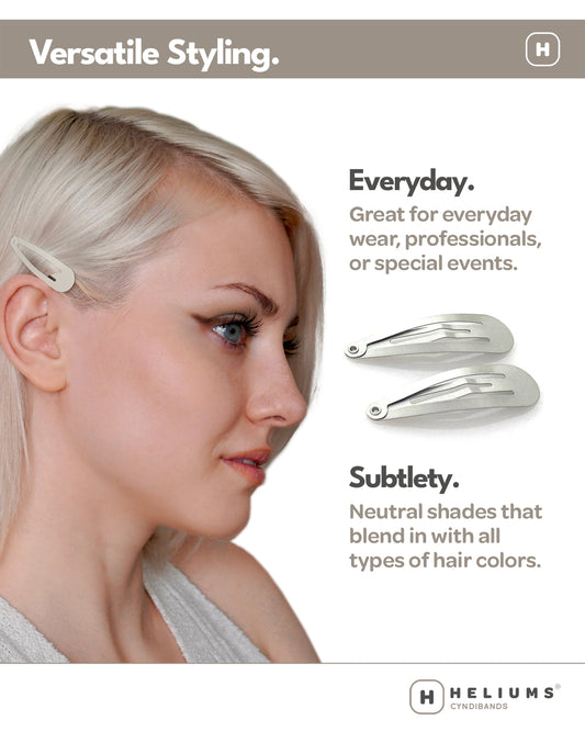 Woman with blonde hair wearing a hair clip, with text about versatility and subtlety, and Heliums branding.