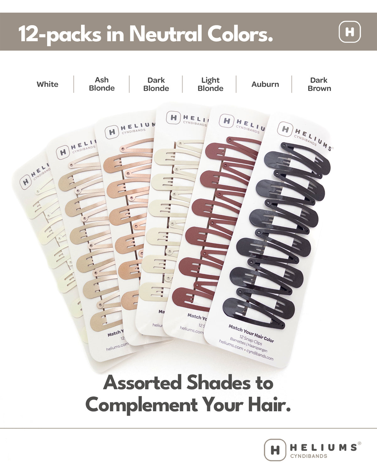 Packaging of HELIUMS hair clips in various neutral colors on a white background.