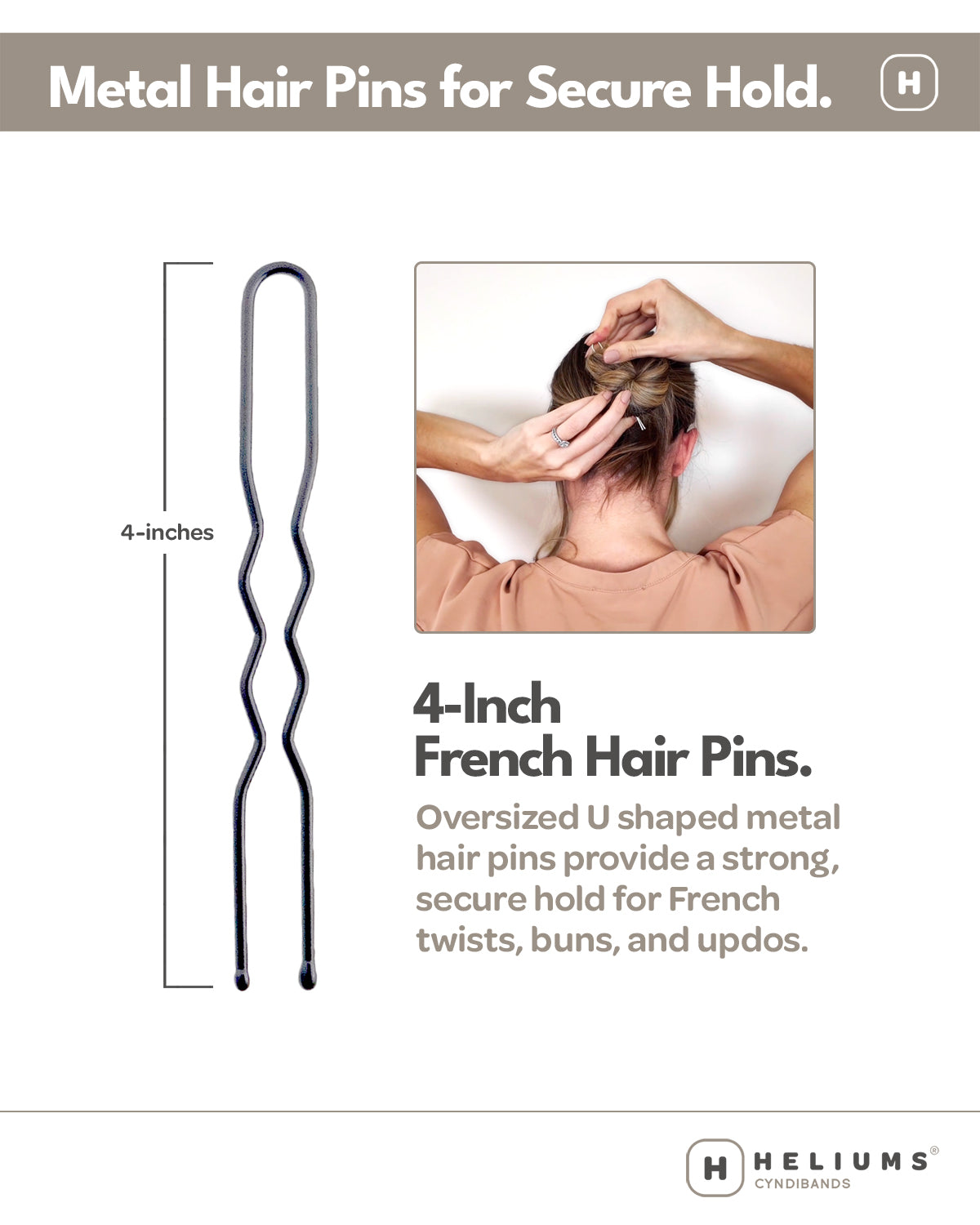 A product informational graphic for Heliums Paris metal hair pins. It shows a single oversized U-shaped metal hair pin on the left with a 4-inch dimension marker, a small inset photo on the right showing a person holding hair with the pin, and descriptive text for 4-inch French hair pins.