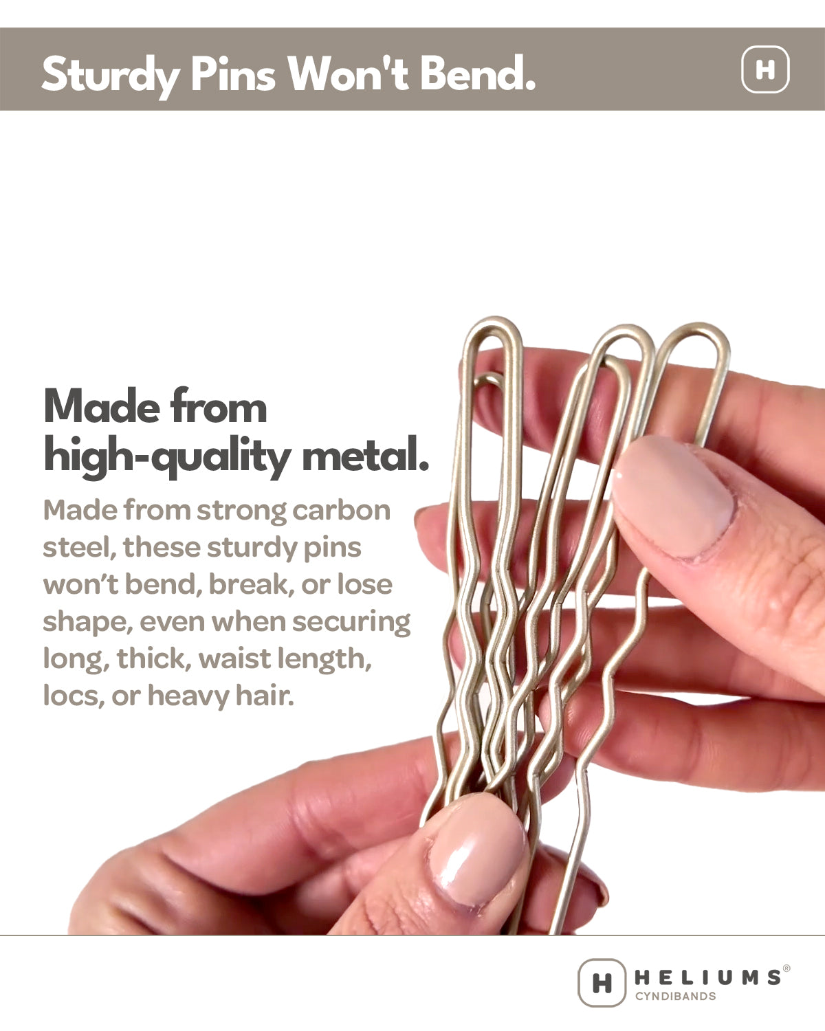 Several metallic hair pins being held between two hands against a white background with promotional text. The top reads 'Sturdy Pins Won't Bend.