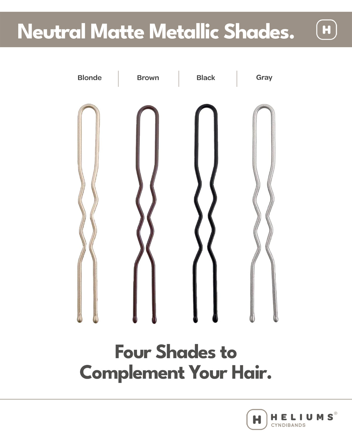 Heliums hair pins in four neutral matte metallic shades: Blonde, Brown, Black, and Gray. The image shows four wavy double-prong hair pins in different colors (gold, bronze, black, and silver) on a white background with descriptive text.