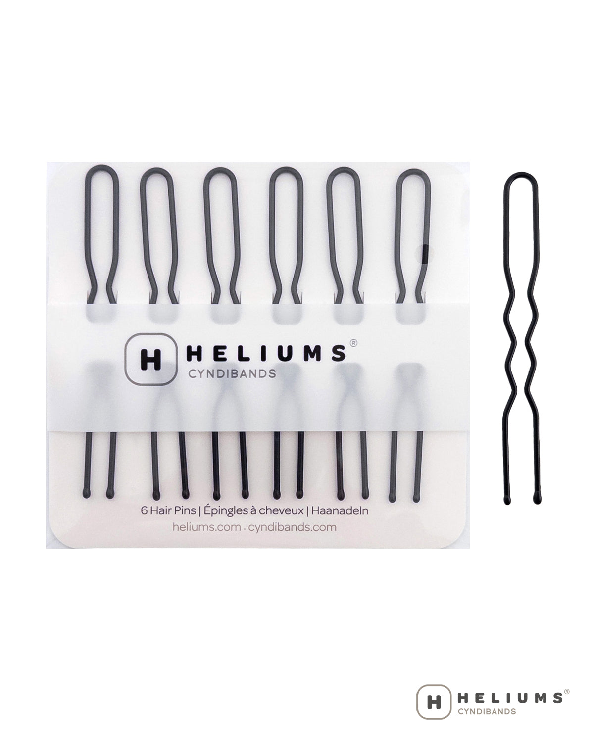 Heliums brand hair pins set, featuring a white blister pack containing six black U-shaped hair pins and one loose black wavy hair pin shown to the right, on a white background.