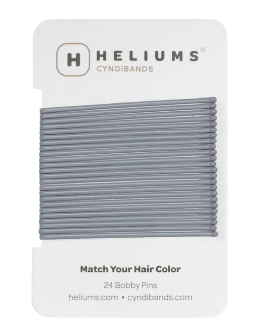 Heliums 24 Bobby Pins in a gray color, packaged on a white backing card with the Heliums logo.