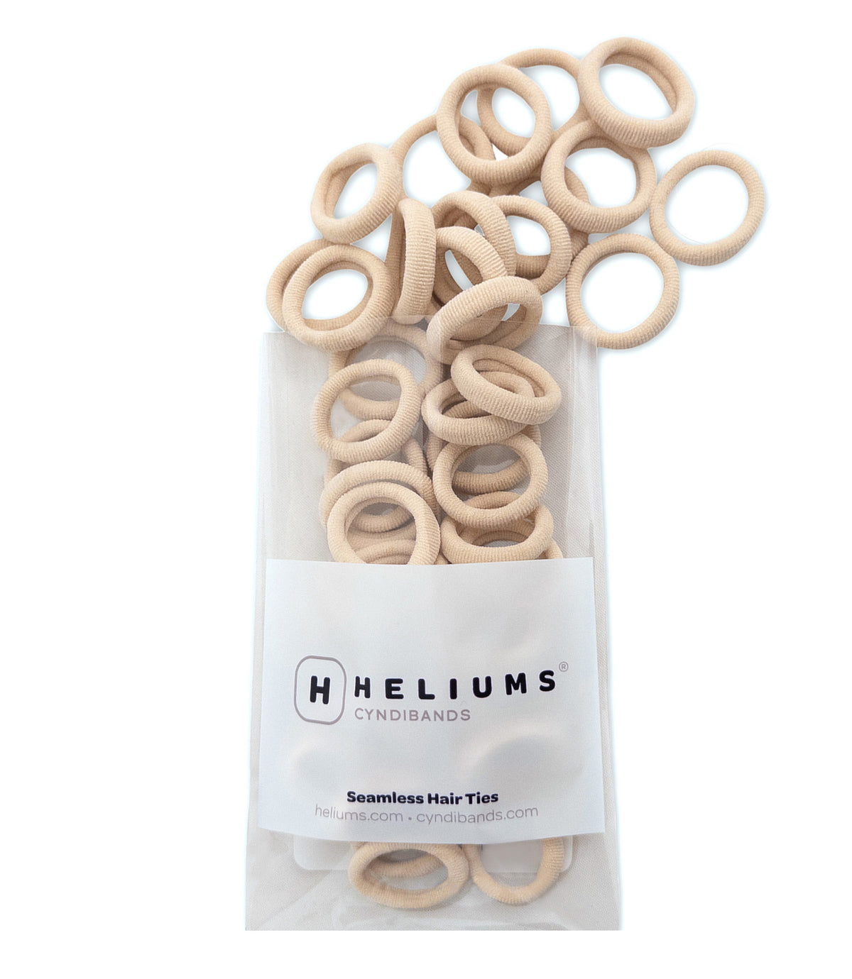 Pack of Heliums Extra Small Seamless Hair Ties in cream color on a white background
