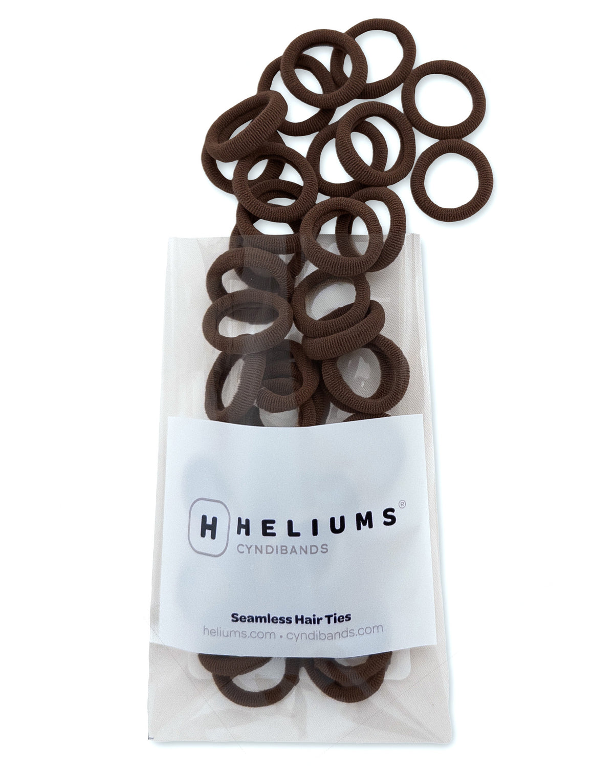 Pack of Heliums Extra Small Seamless Hair Ties in dark brown color on a white background