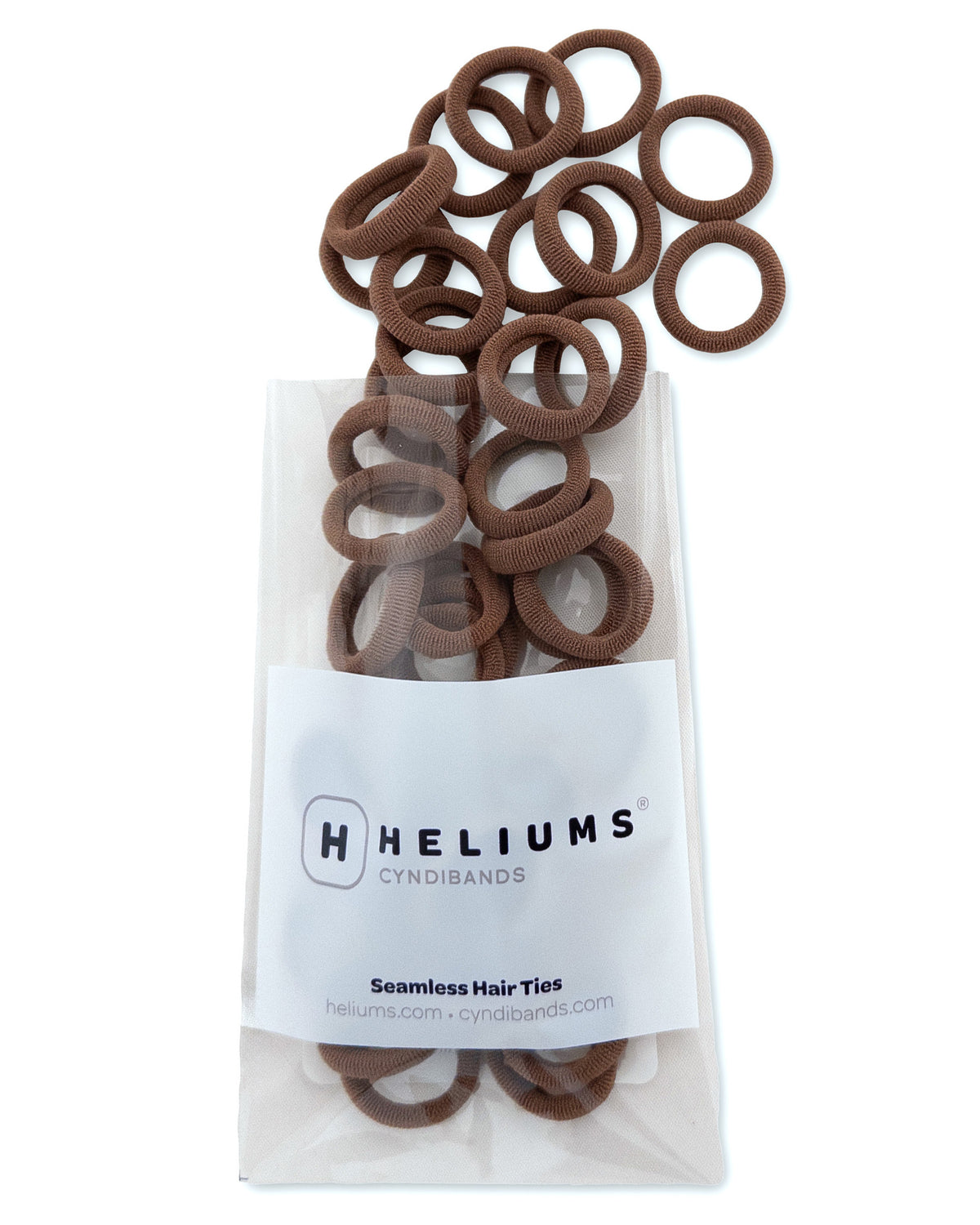Pack of Heliums Extra Small Seamless Hair Ties in brown on a white background