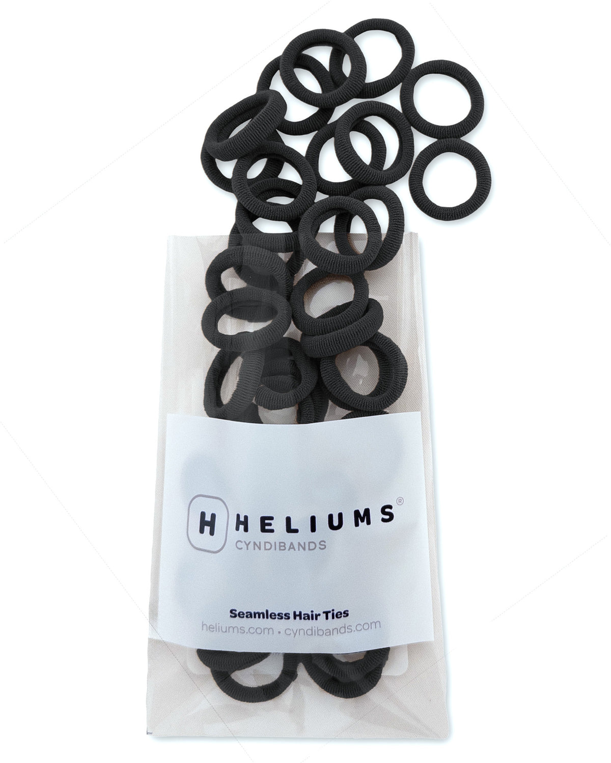 Pack of Heliums Extra Small Seamless Hair Ties in black on a white background