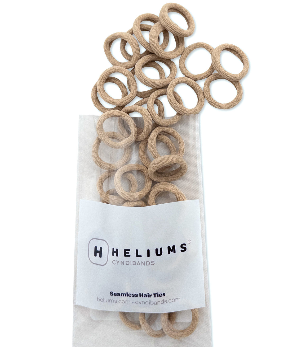 Pack of Heliums Extra Small Seamless Hair Ties in sandy blonde color on a white background