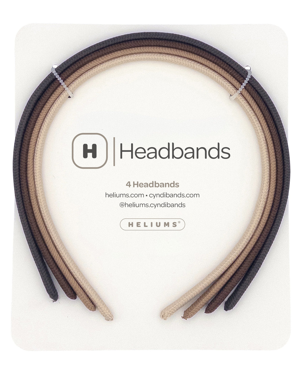 Four Heliums headbands in dark brown, black, tan, and beige, arranged on a white backing card with Heliums branding.