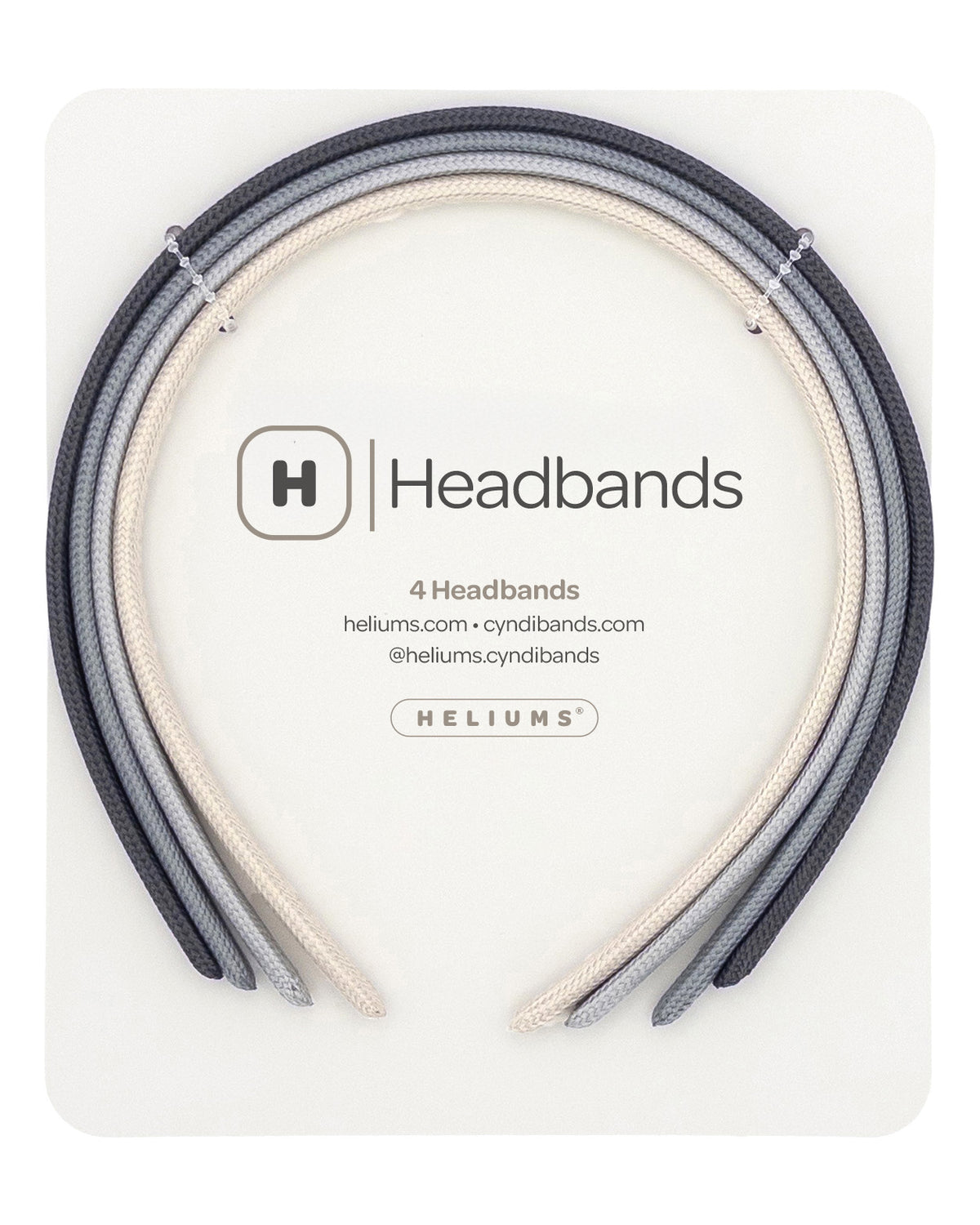 Four headbands in dark gray, light gray, and cream, neatly presented on a white backing card with the Heliums brand logo.