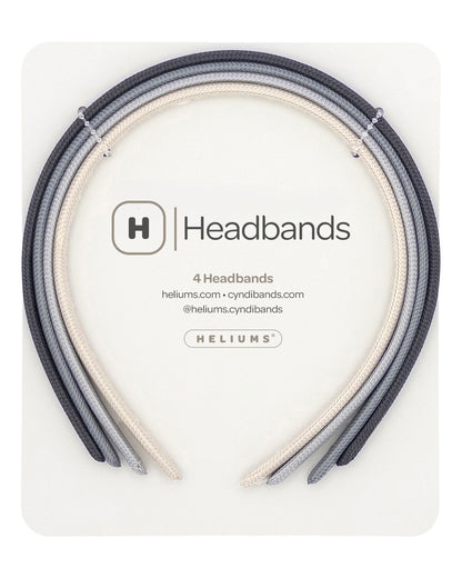 Four headbands in dark gray, light gray, and cream, neatly presented on a white backing card with the Heliums brand logo.