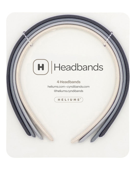 Four headbands in dark gray, light gray, and cream, neatly presented on a white backing card with the Heliums brand logo.