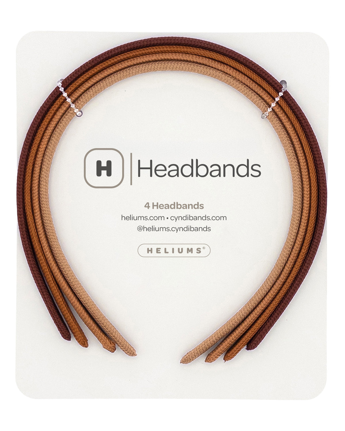 Four textured Heliums brand headbands in a gradient of red and brown colors neatly presented on a white backing card with the Heliums brand logo.
