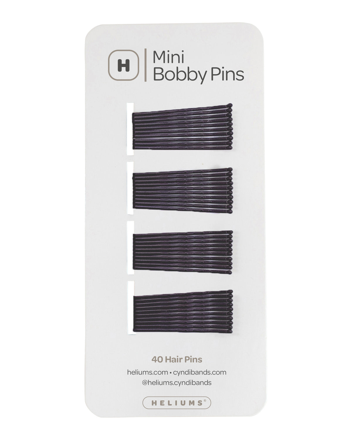Helium Mini Bobby Pins set of 40 hair pins on a white backing card, showing four rows of dark brown metal bobby pins.