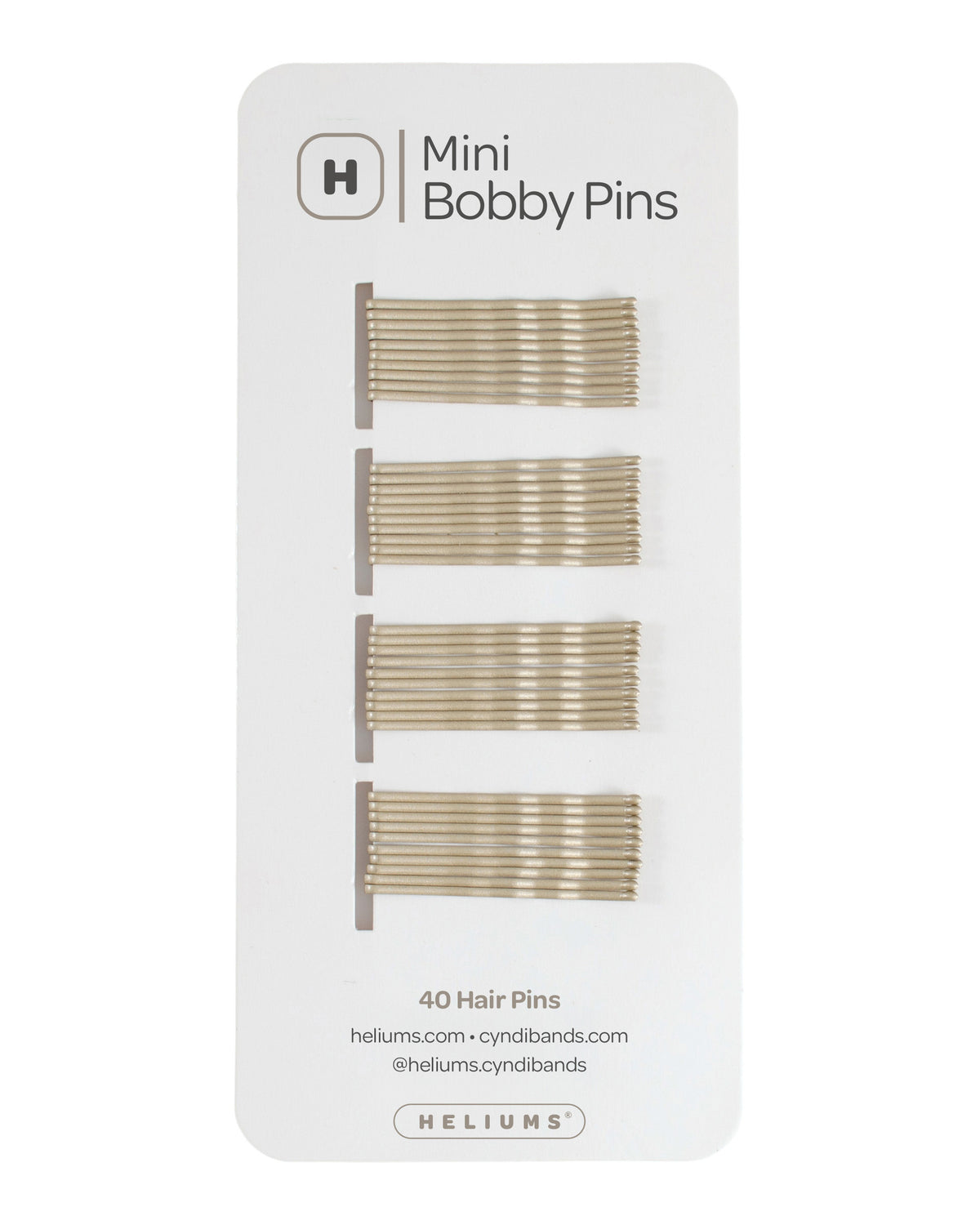 Helium Mini Bobby Pins set of 40 hair pins on a white backing card, showing four rows of light blonde metal bobby pins.