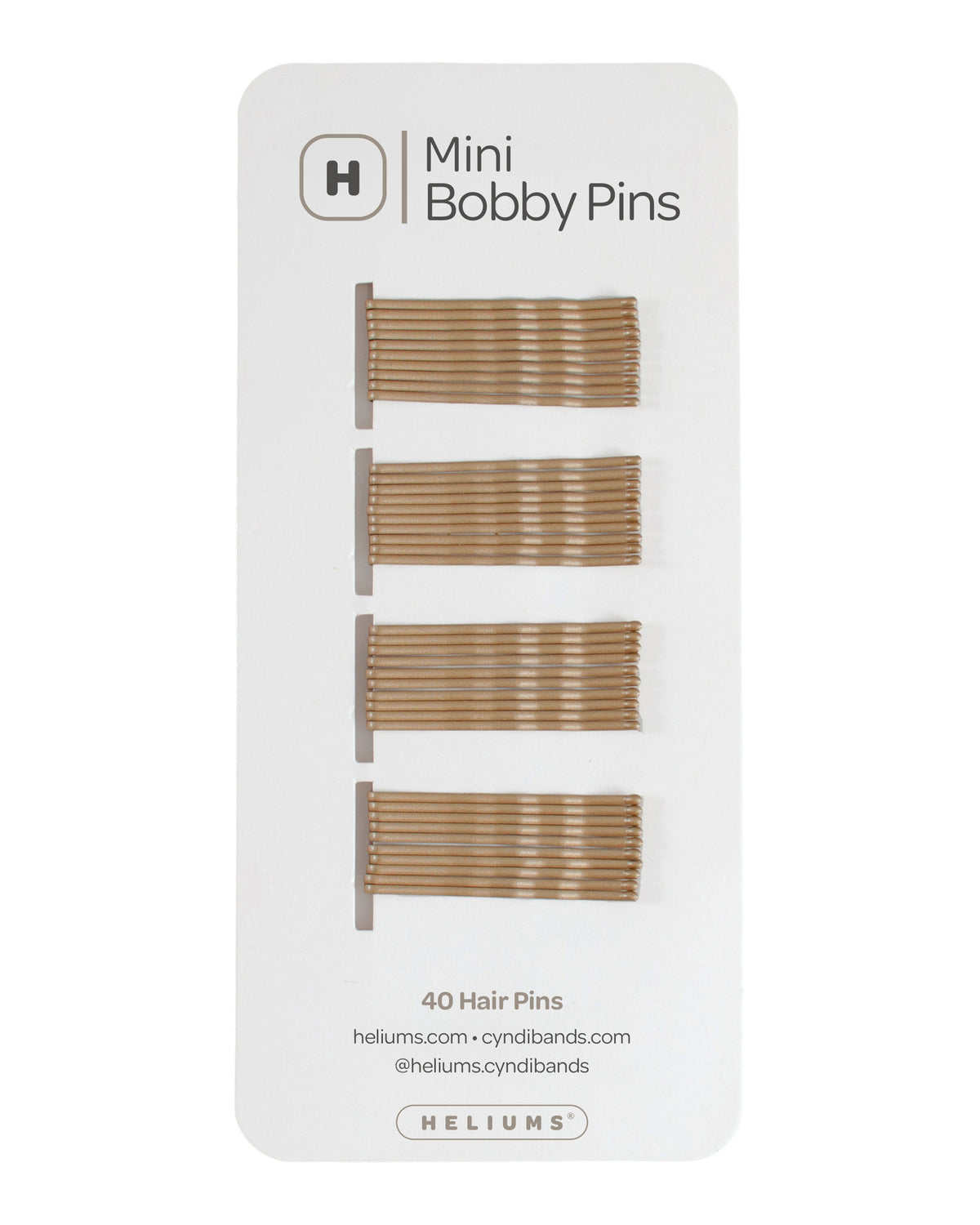 Helium Mini Bobby Pins set of 40 hair pins on a white backing card, showing four rows of dark blonde metal bobby pins.