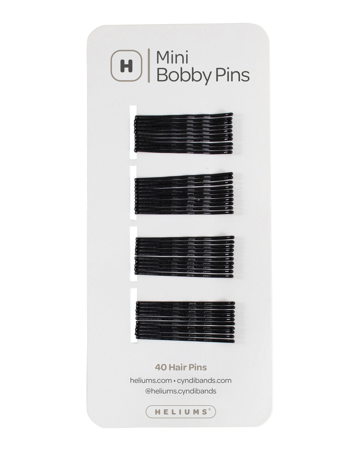 Helium Mini Bobby Pins set of 40 hair pins on a white backing card, showing four rows of black color metal bobby pins.