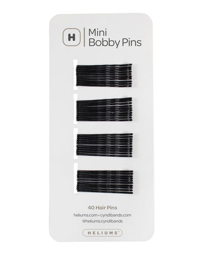 Helium Mini Bobby Pins set of 40 hair pins on a white backing card, showing four rows of black color metal bobby pins.