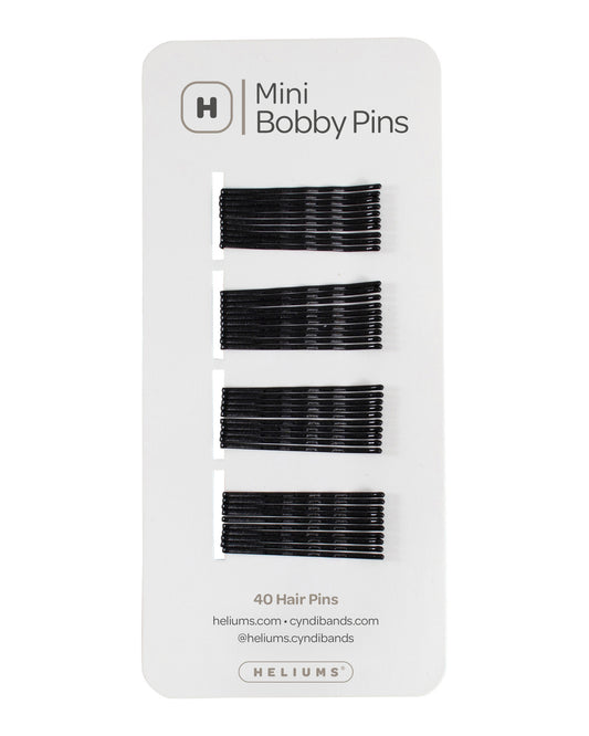 Helium Mini Bobby Pins set of 40 hair pins on a white backing card, showing four rows of black color metal bobby pins.