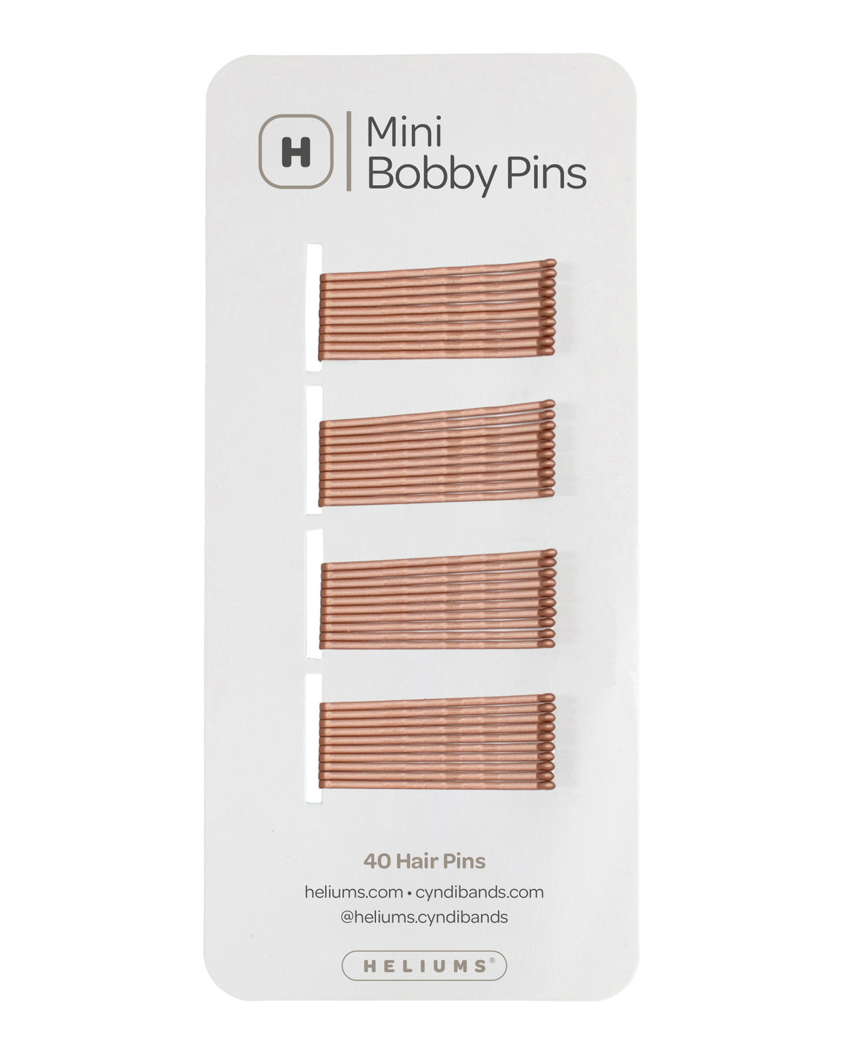Helium Mini Bobby Pins set of 40 hair pins on a white backing card, showing four rows of ginger color metal bobby pins.