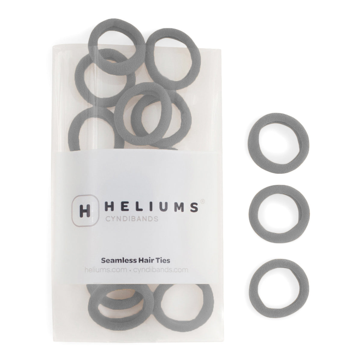 Heliums small seamless hair ties in gray, shown in a pack and individually