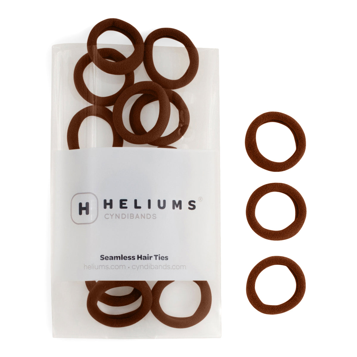 Heliums small seamless hair ties in brown, shown in a pack and individually