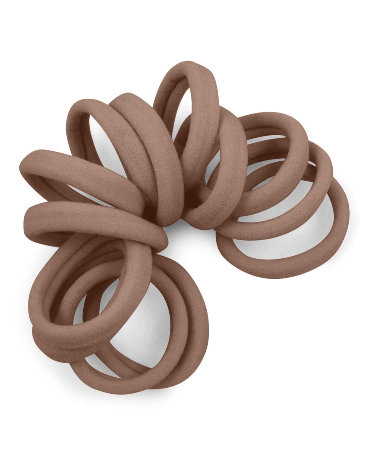 Spiraled stack of Light Brown seamless elastic hair ties.