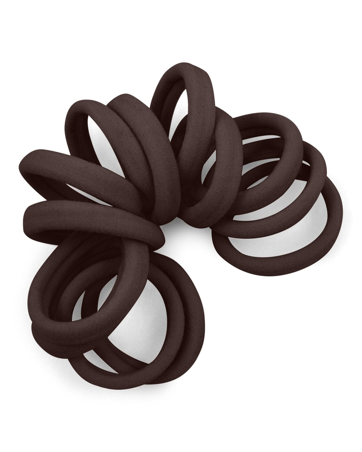 Spiraled stack of Dark Brown seamless elastic hair ties.