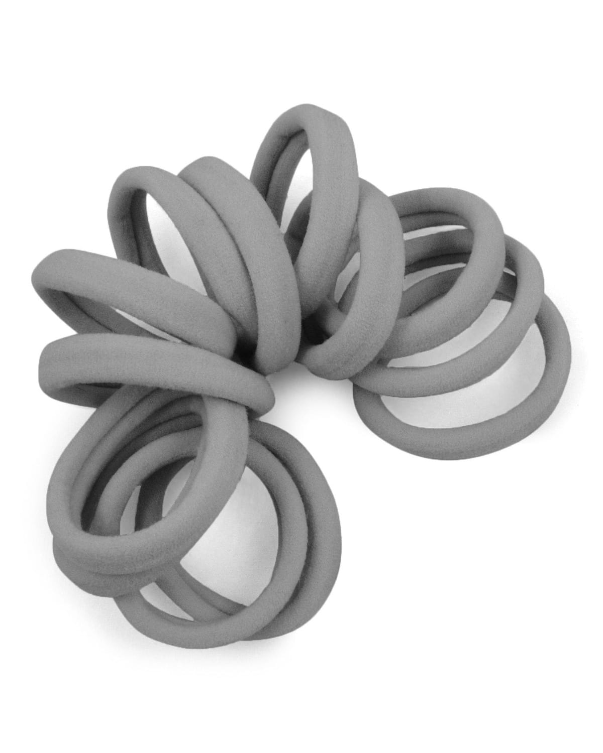 Spiraled stack of Gray seamless elastic hair ties.