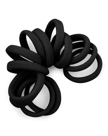 Spiraled stack of Black seamless elastic hair ties.
